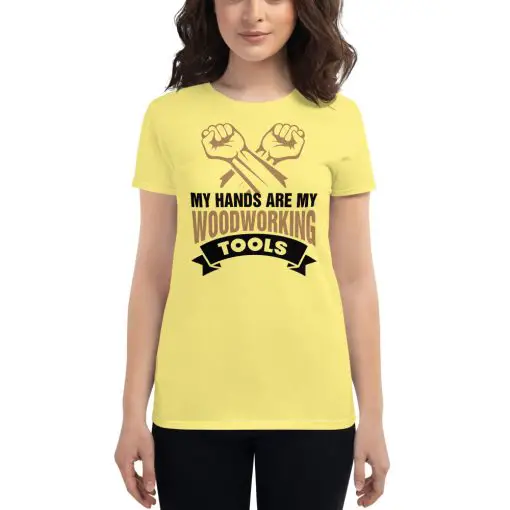 womens fashion fit woodworking T-shirt yellow front