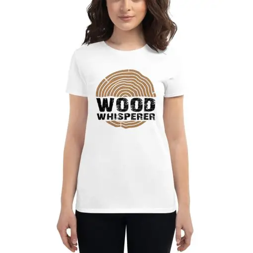 womens fashion fit woodworking short sleeve T-shirt white front